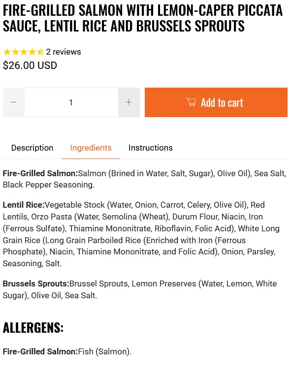 Screengrab of Home Bistro’s Fire-Grilled Salmon ingredients and allergen list