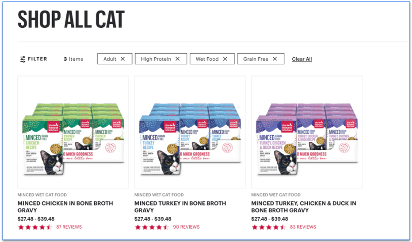 The Honest Kitchen menu with 4 filters applied and 3 products showing