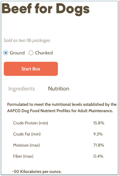 a screenshot of viva raw's guaranteed analysis for the beef for dogs recipe