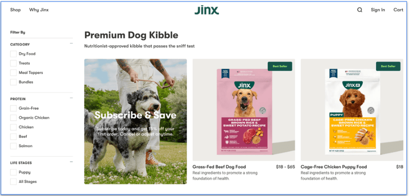 Screenshot of Jinx’s premium dog kibble shop page