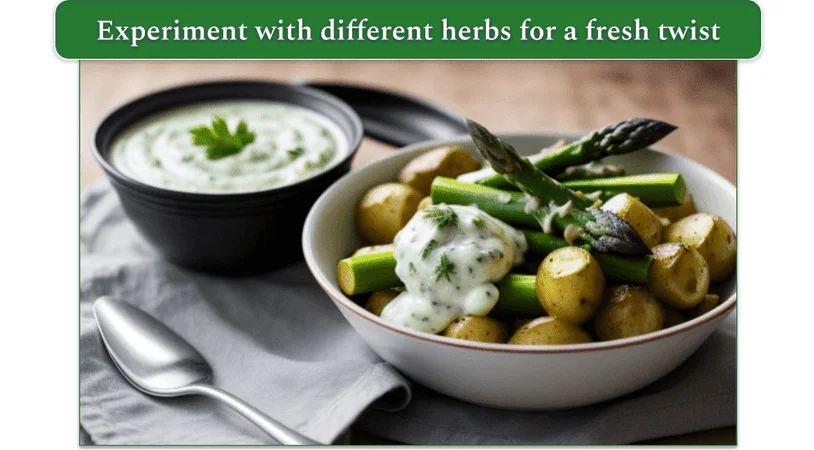 Bowl of herby yogurt sauce next to a bowl of asparagus and potatoes with sauce on