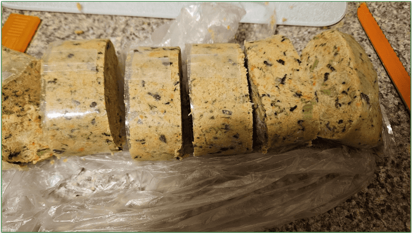 One of The Farmer's Dog food packs cut up into portions