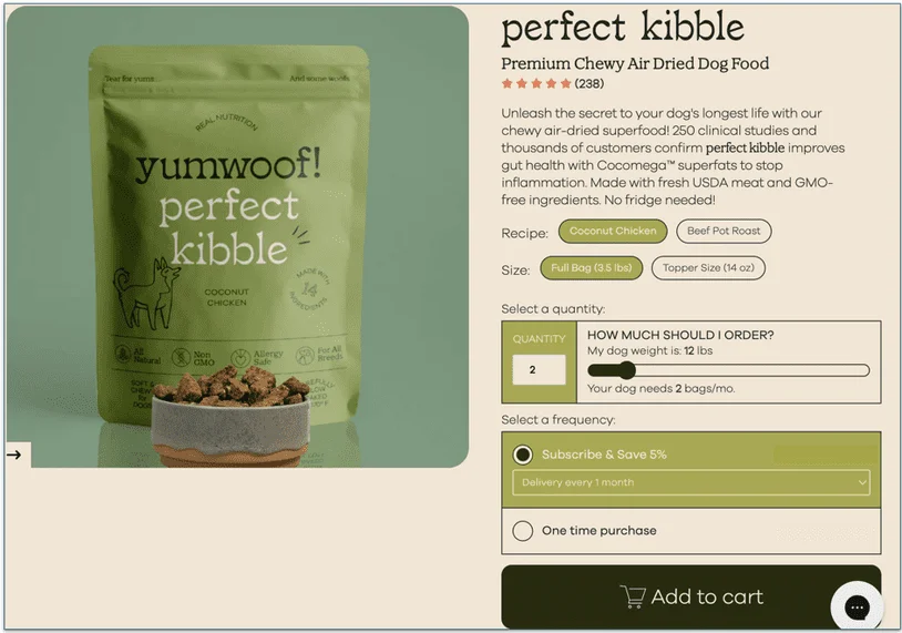 a screenshot of yumwoof's perfect kibble product page