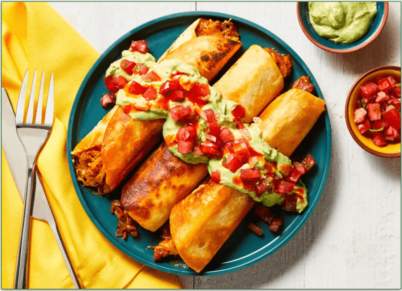 HelloFresh's Hall of Fame Fully Loaded Pork Taquitos with Pico de Gallo, Creamy Guacamole & Hot Sauce