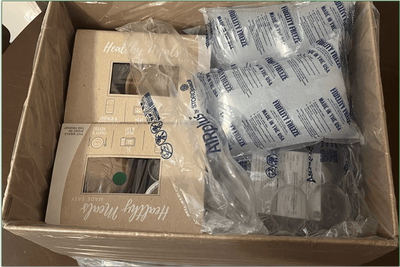 Meals arrive frozen with ice packs and dry ice