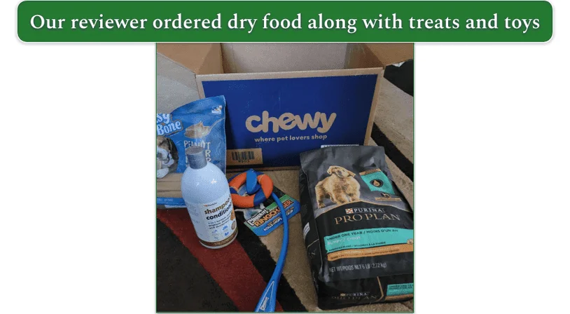 Unboxed Chewy delivery with items placed in front of the box