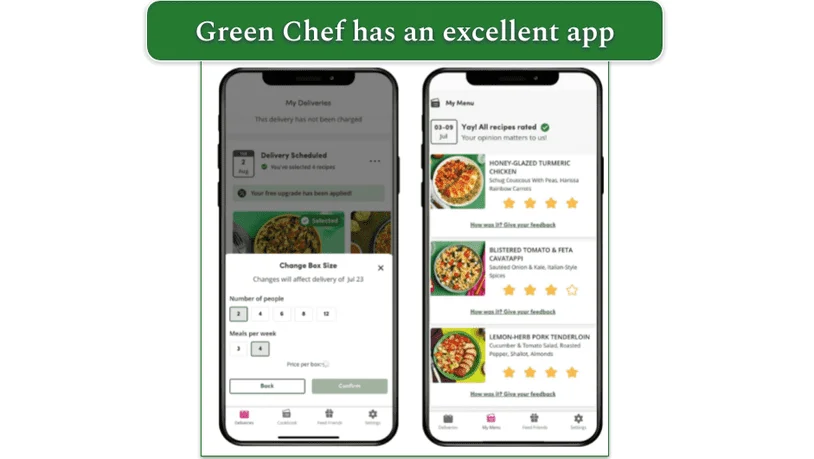 Image of 2 mobile phone screens displaying Green Chef's app with ordering information and recipe ratings screens