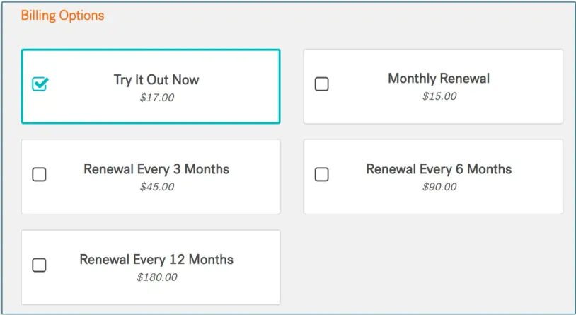 Billing options for Pet treater with the Try It Out Now option highlighted