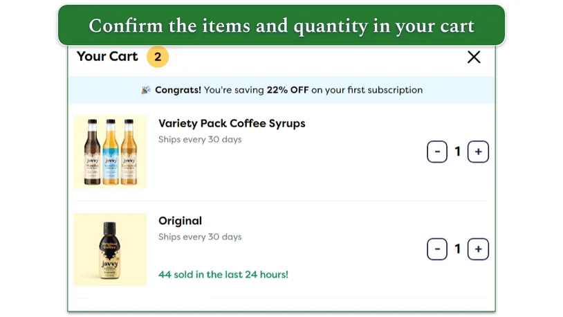 Selected items shown in cart with quantities