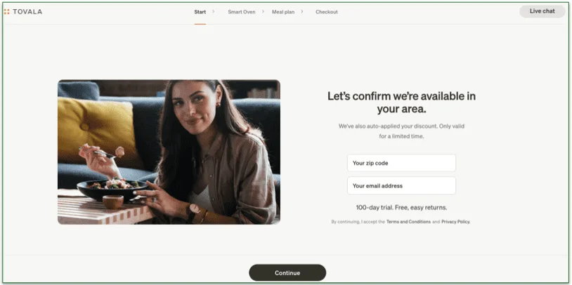 a screenshot of tovala's sign up process, entering your zip code and email address