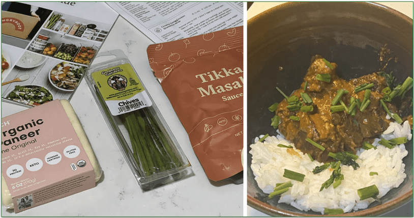 The ingredients for Hungryroot's Paneer Tikka Masala next to the cooked dish served in a bowl
