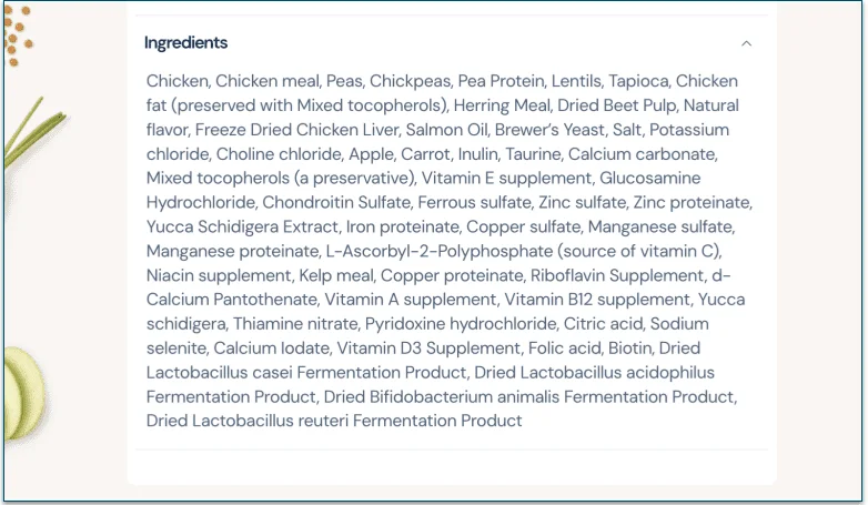 screenshot of the full ingredients for Mills' chicken recipe