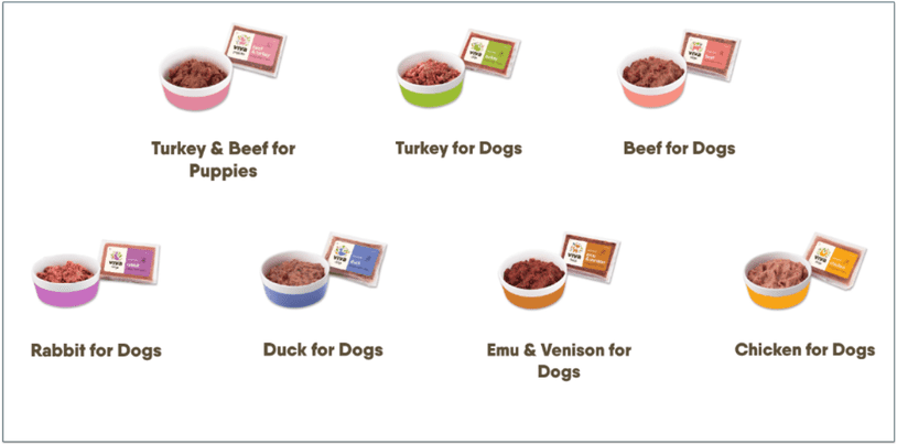 a screenshot of viva raw's dog food options