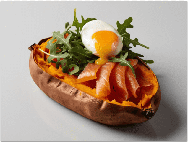 Baked Sweet Potatoes with Poached Eggs, ready to serve