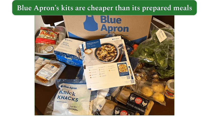 Blue Apron box surrounded by ingredients and recipe cards