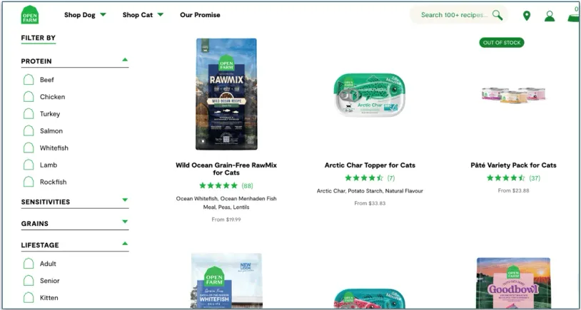 Screenshot of Open Farm’s cat food menu and filters sidebar