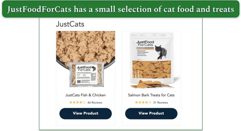 Screengrab of JustFoodFor Cats cat food offerings