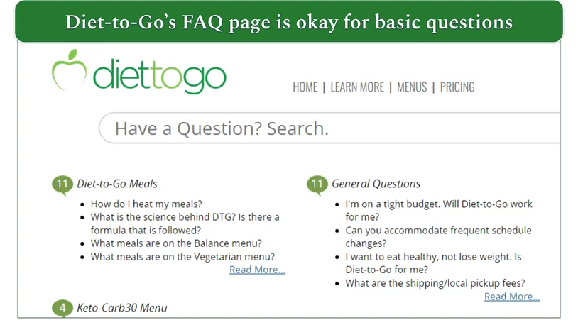 Screenshot of Diet-to-Go's FAQ page