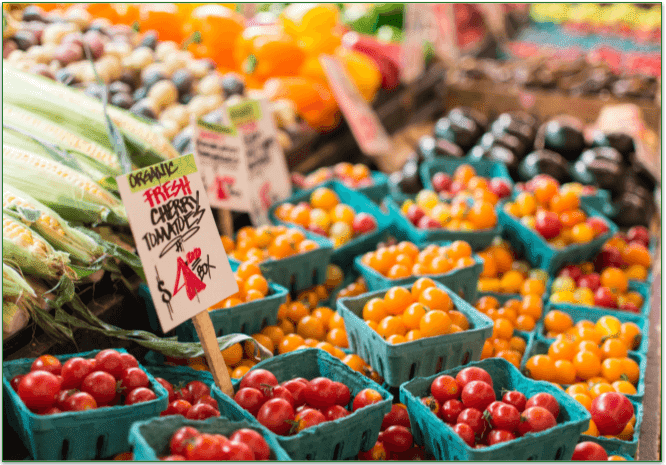 A market selling fresh cherry tomatoes.