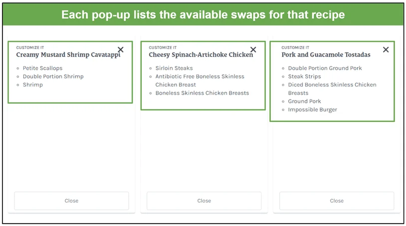 Screenshot of protein swapping lists for different recipes