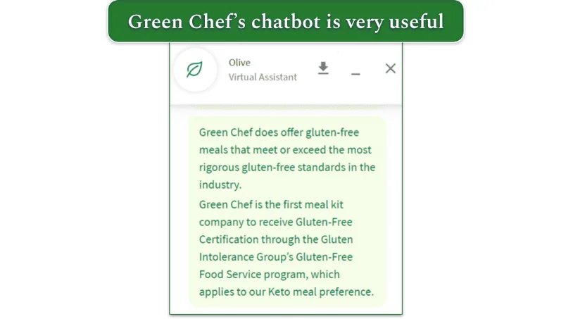 Image of chat response from Olive the chat bot stating Green Chef is officially gluten-free