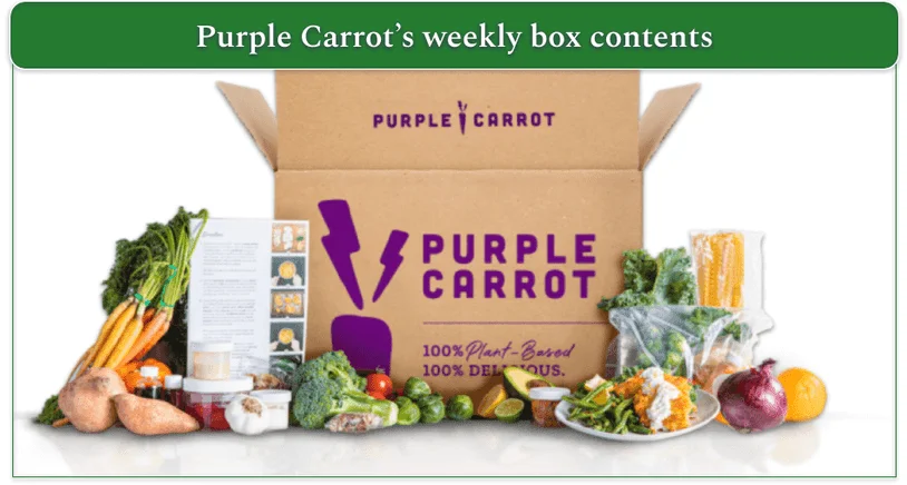 Purple Carrot's delivery box, ingredients in plastic, plastic pots, and recipe booklet