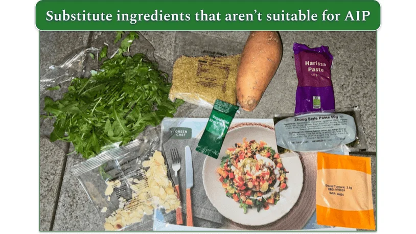 Photo of all the ingredients set out for a Green Chef recipe next to the recipe card