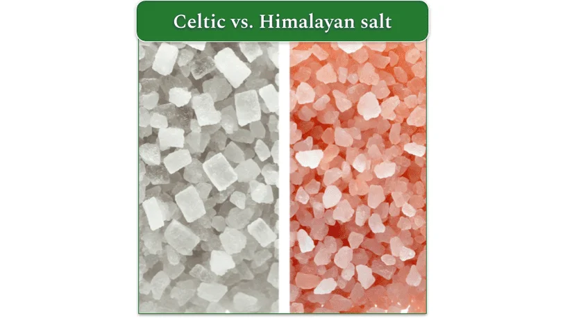 An image comparing greyish Celtic Sea salt and pink Himalayan salt.