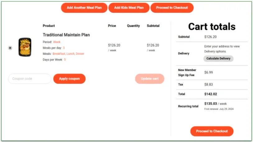 Shopping cart with prices for meals, fees, and shipping included