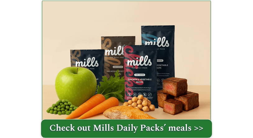 Selection of Mills Daily Packs in different sizes surrounded by fresh ingredients