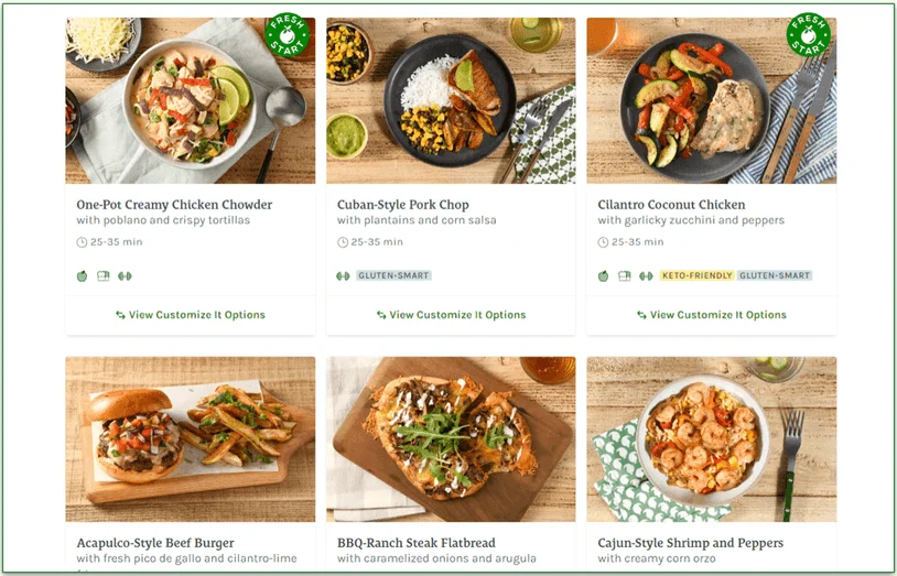 Screenshot of Home Chef's menu page.