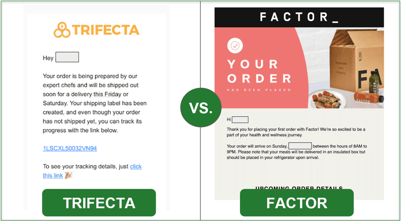 Comparison of Trifecta and Factor's order confirmation screens with Trifecta providing a tracking link
