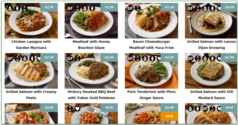 Entree menu with prices for each dish