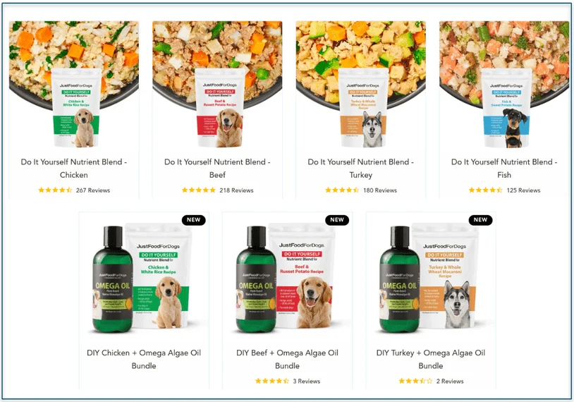 a screenshot of justfoodfordogs' diy homemade meal blends