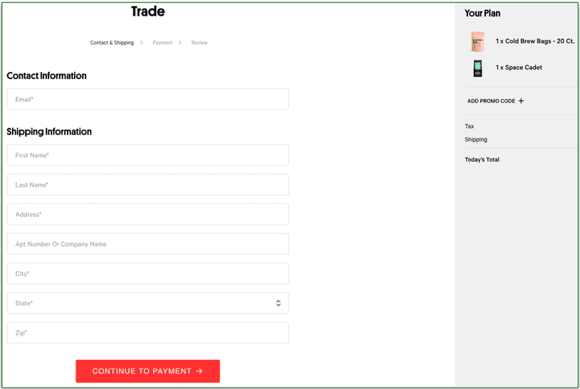 a screenshot of drink trade's checkout screen