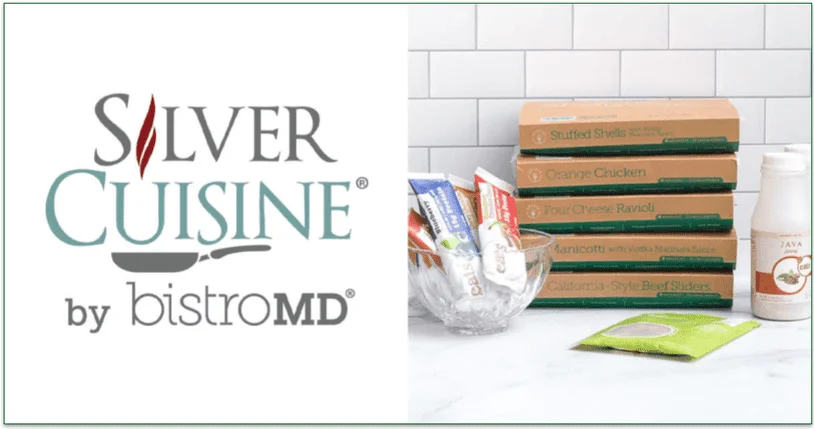Several boxes of prepared meals and the Silver Cuisine by BistroMD logo