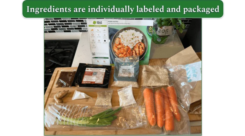 A HelloFresh recipe unpacked to reveal several individually packaged ingredients