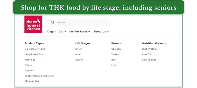Screenshot of The Honest Kitchen’s drop-down menu for cat products