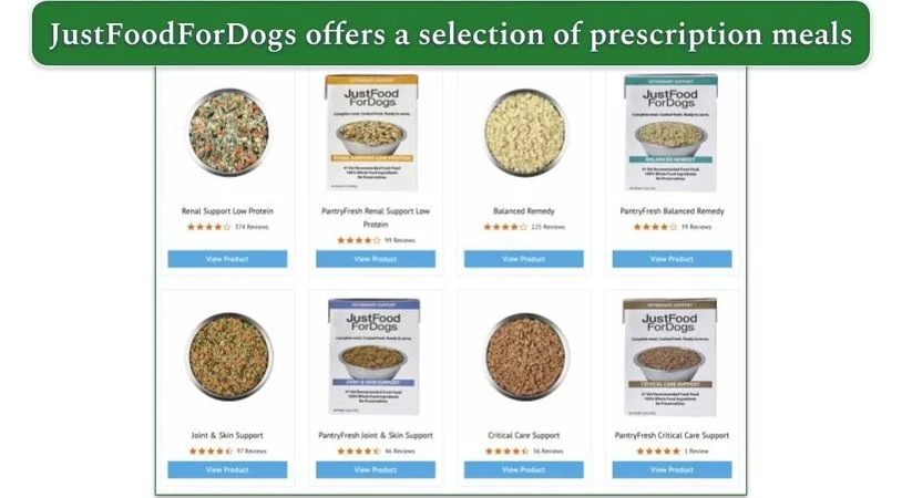 images of JustFoodForDogs Renal Support, Balanced Remedy, Joint & Skin Support, and Critical Care Support prescription dog foods
