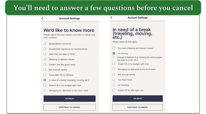 Hungryroot's questionnaire when canceling