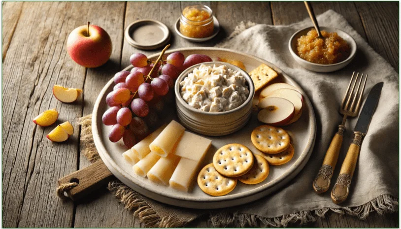 Plate of chicken salad with crackers, cheese, and grapes