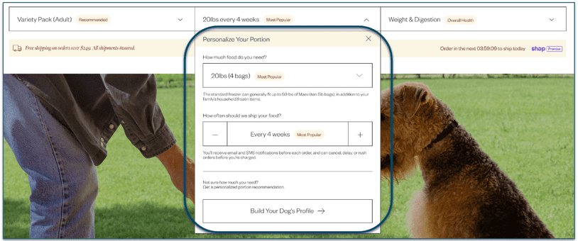 Screenshot of Maev's Personalize Your Portion options