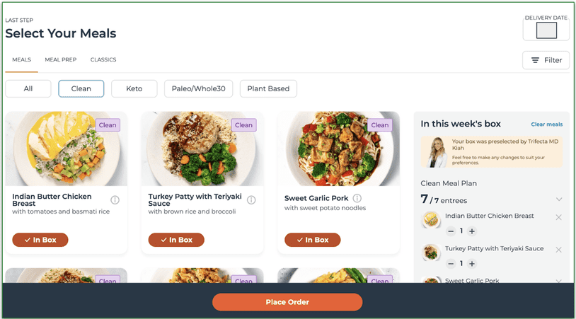 Trifecta's meal selection screen at sign up