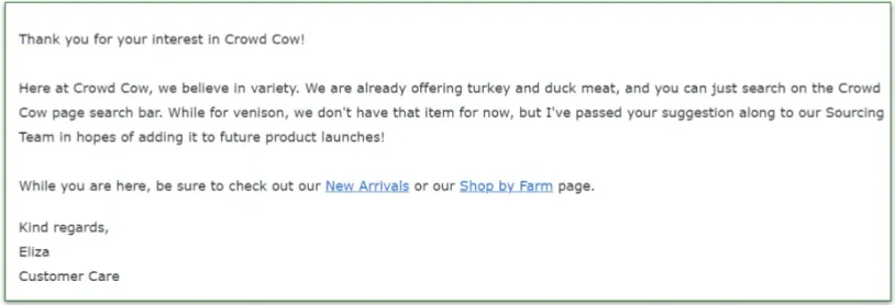 Response of a customer care agent from Crowd Cow