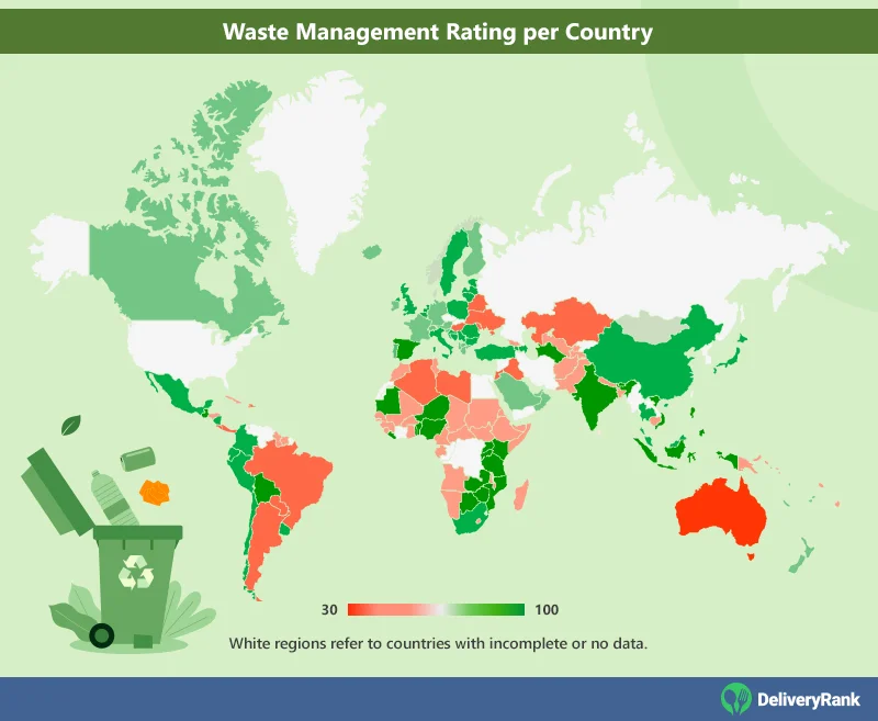 Geo chart of countries' scores in Waste Management