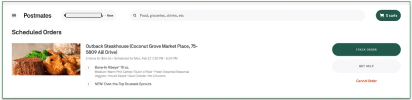 screenshot of placed Postmates delivery