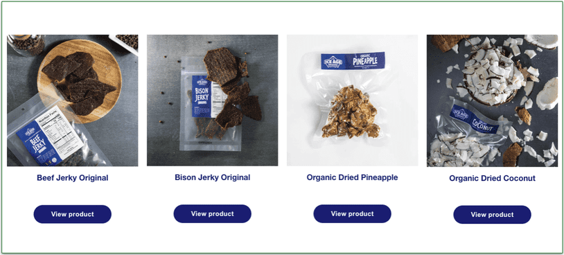 Pictures of Ice Age Meals' Beef Jerky, Bison Jerky, Dried Pineapple, and Dried Coconut
