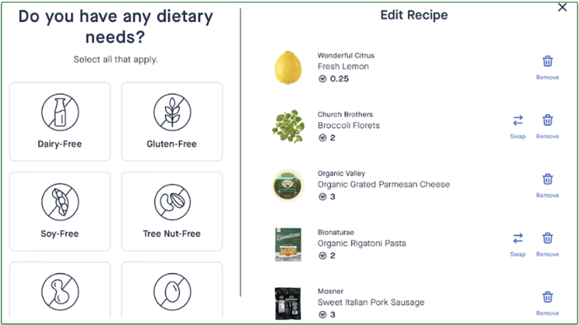 Hungryroot's dietary needs question and edit recipe screen