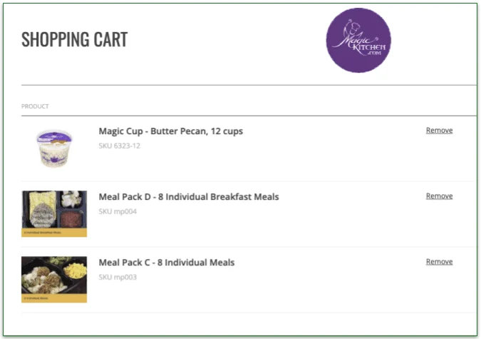 Screenshot of sample items in Magic Kitchen's shopping cart