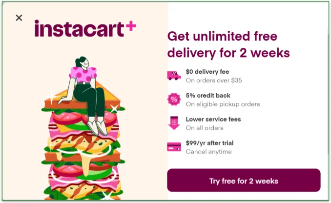The Instacart+ promo offer new users get after signing up.